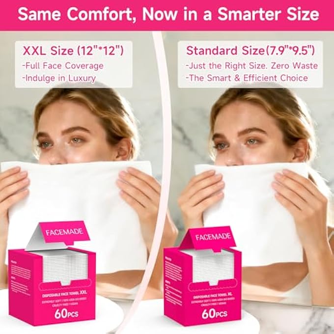 FACEMADE مناديل وجه قابلة للتخلص منها 60 قطعة 9.5" 7.9"، 100% مصنوعة من مواد حيوية معتمدة من وزارة الزراعة الأمريكية، مناديل وجه نظيفة للمكياج والبشرة النظيفة، مناديل جافة سميكة وناعمة للغاية - Image 2